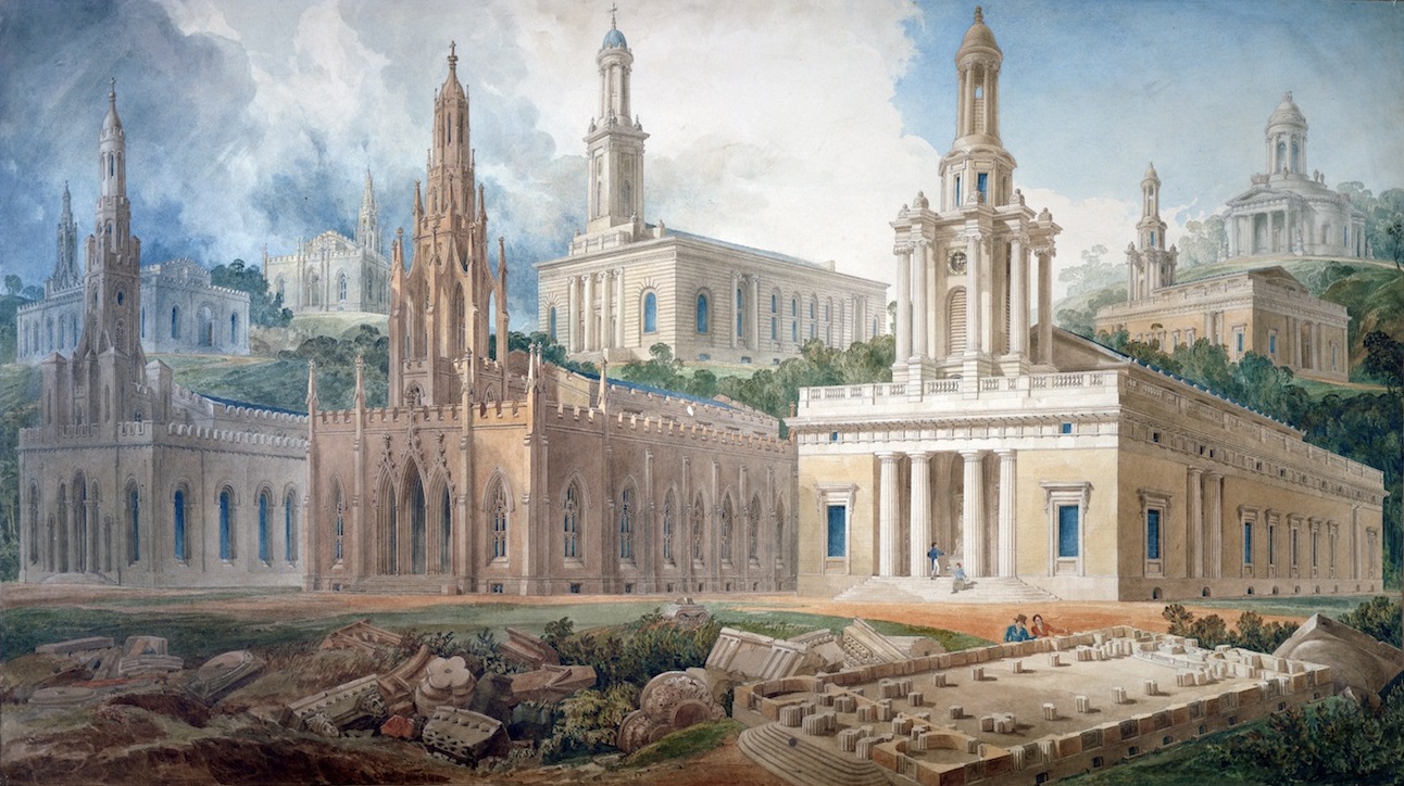 Perspective of Eight Designs for Churches, with Plan