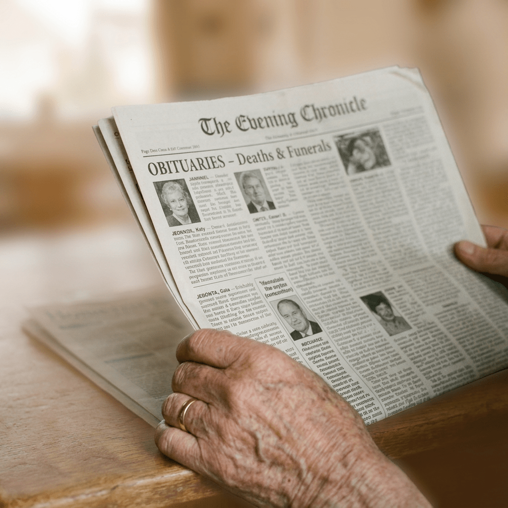 Older man reading obituary section of newspaper indoors