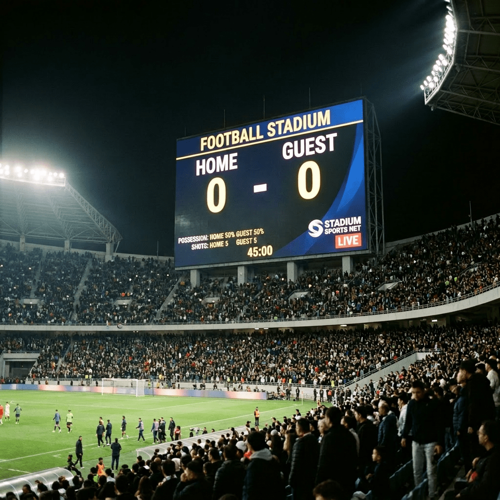 Football stadium scoreboard displaying 0-0 full time score with players and spectators