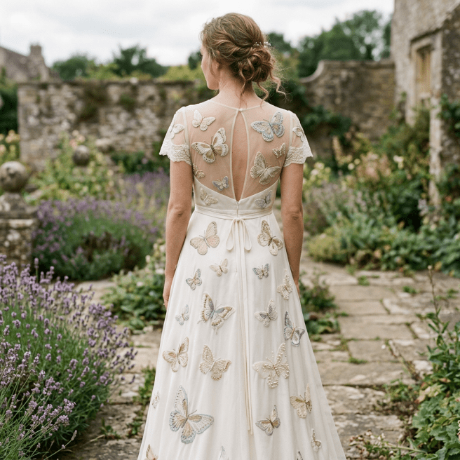 Bride seen from behind wearing a butterfly-embroidered wedding dress in a garden