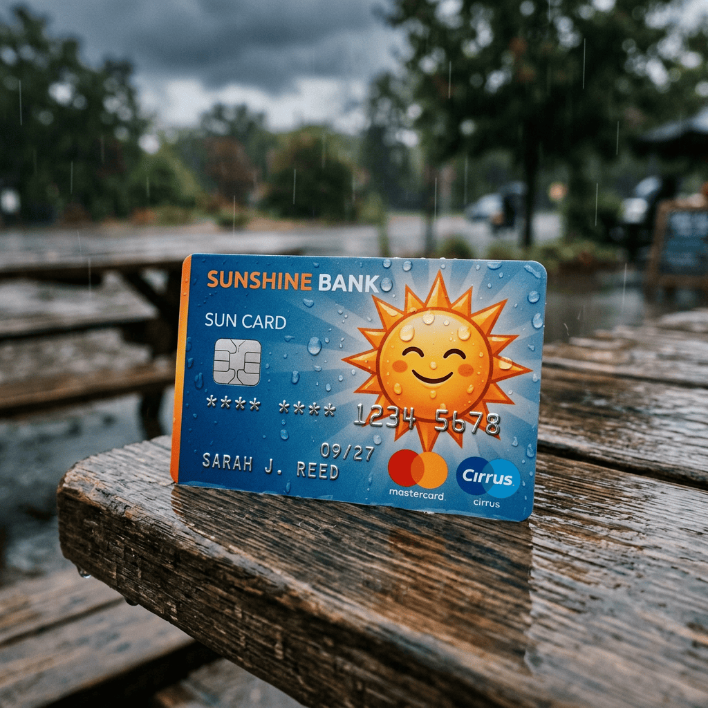 SUNSHINE BANK SUN CARD, masked number, 1234 5678, SARAH J. REED, 09/27, Mastercard, Cirrus