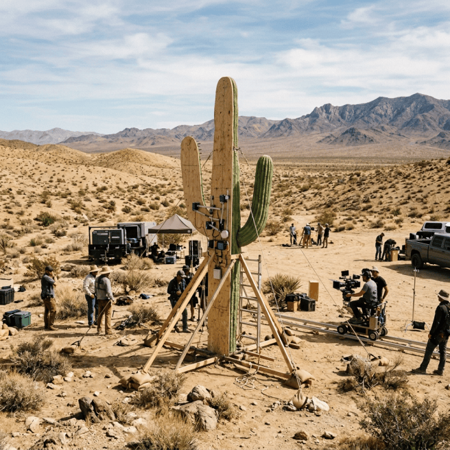 Film crew filming around a supported saguaro cactus in the desert